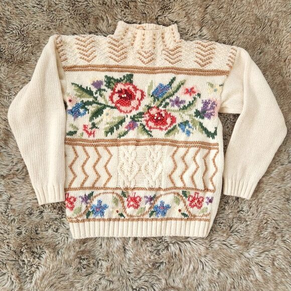Vintage Sweaters - Beldoch Petites Vintage Knit Floral Turtleneck Sweater Size‎ Small